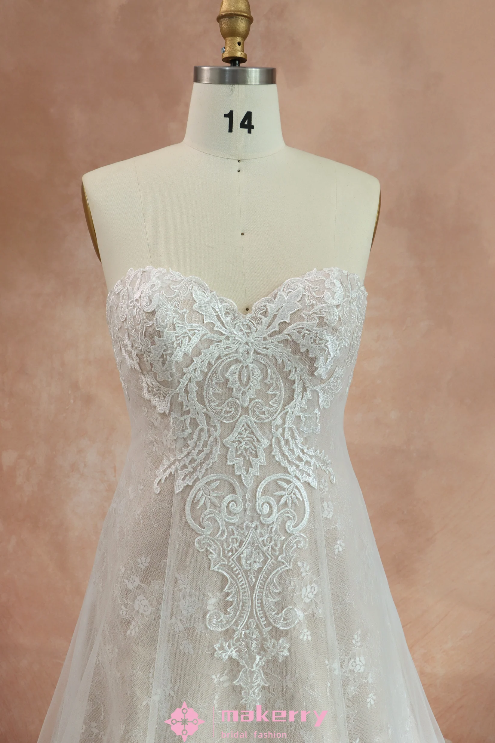 Strapless Sweetheart Pink Nude Lace Wedding Dress