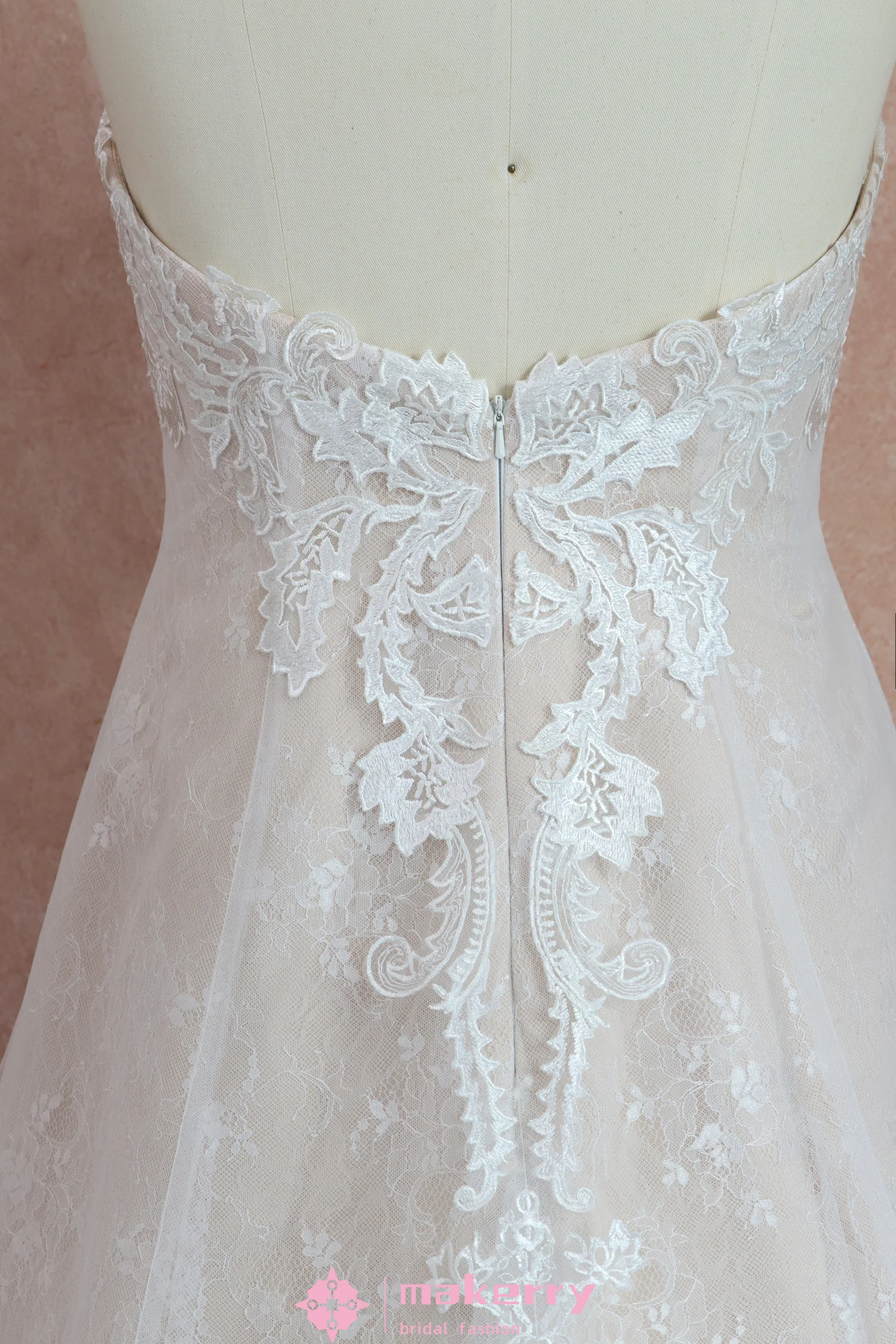 Strapless Sweetheart Pink Nude Lace Wedding Dress