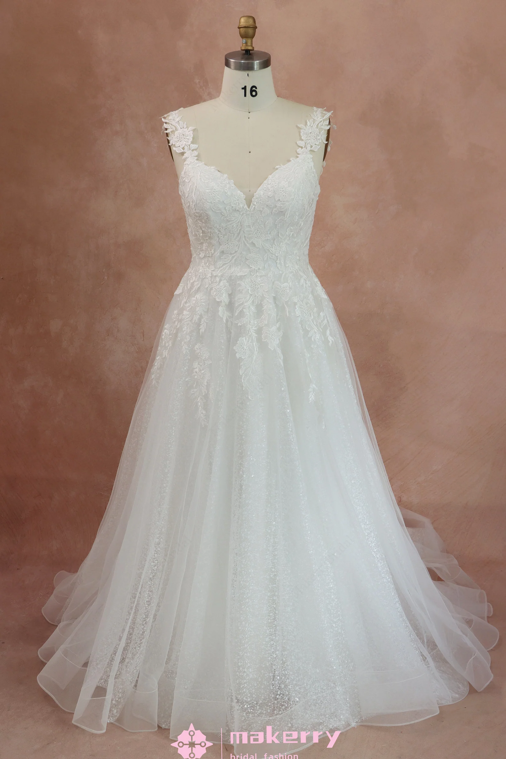 Cream White Sequins & Lace Pearl Pink Wedding Gown