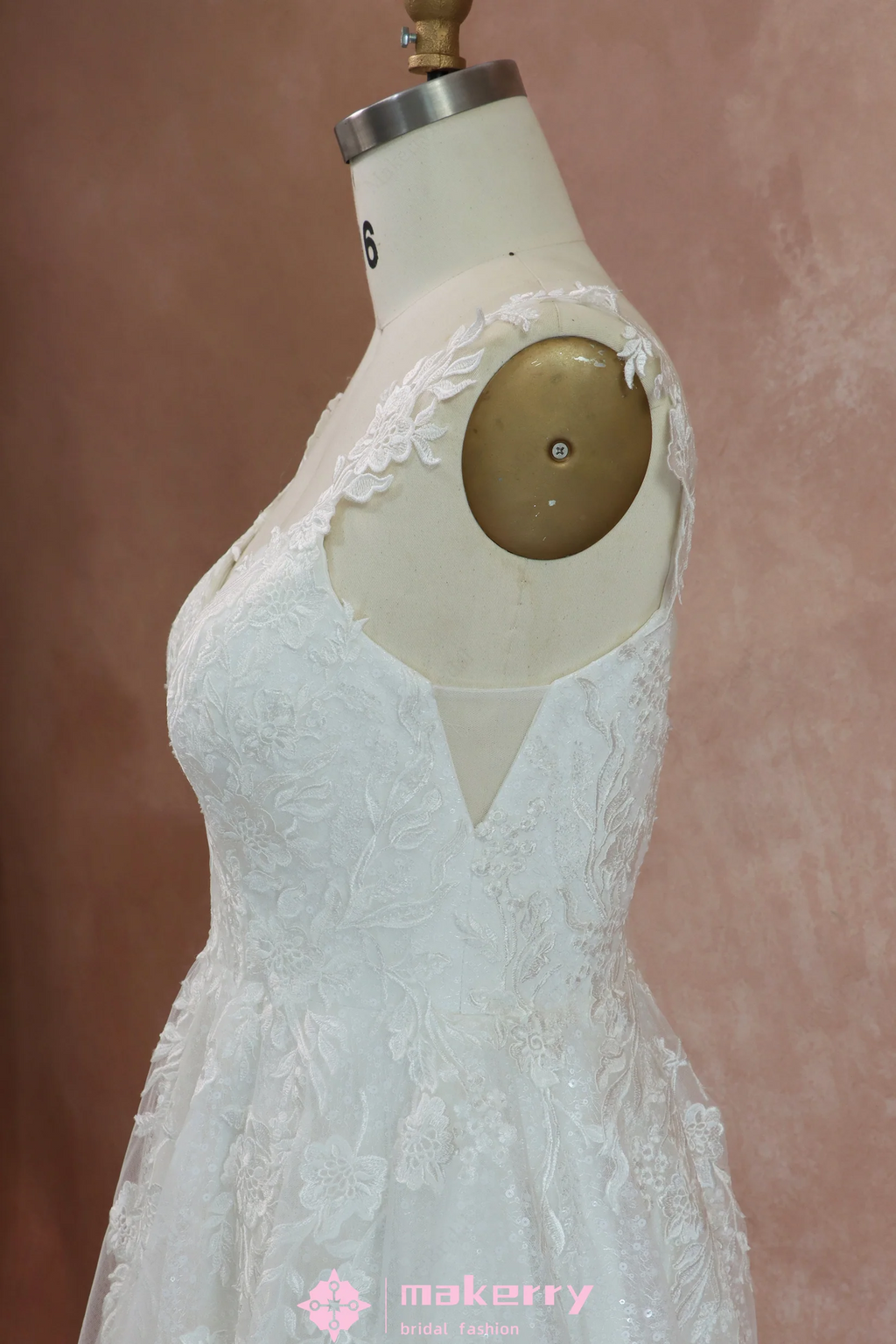 Cream White Sequins & Lace Pearl Pink Wedding Gown