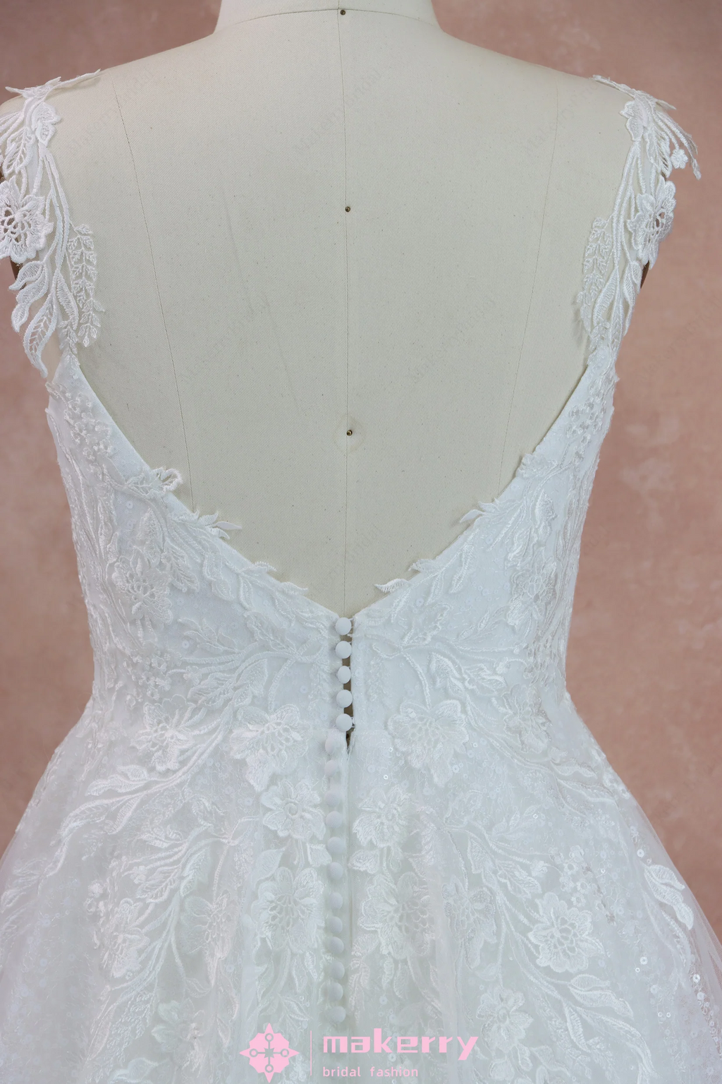 Cream White Sequins & Lace Pearl Pink Wedding Gown