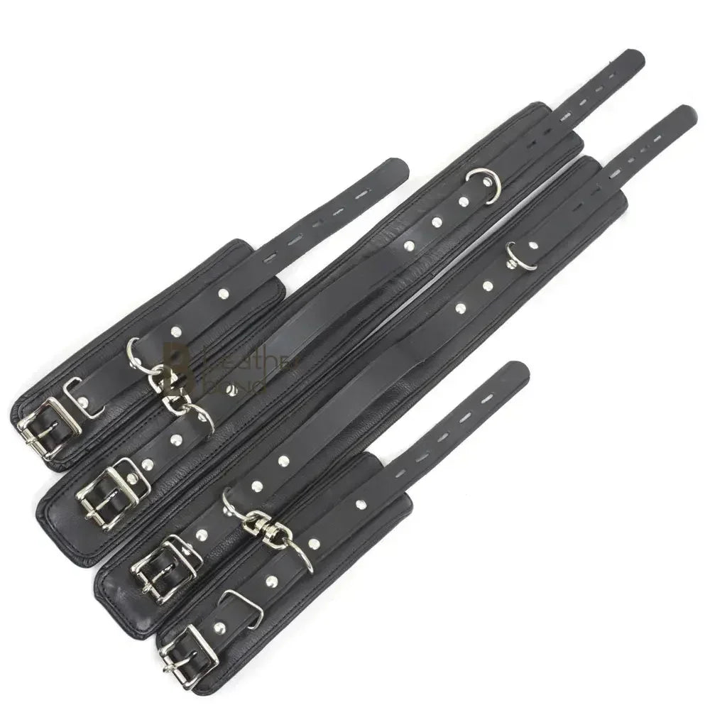 Real Leather 4-Piece Padded Thigh & Wrist Cuffs Lockable Restraint Bondage Set | Full Black