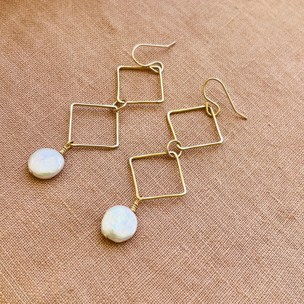 14k gold fill DOUBLE DIAMOND DANGLE PEARL EARRINGS