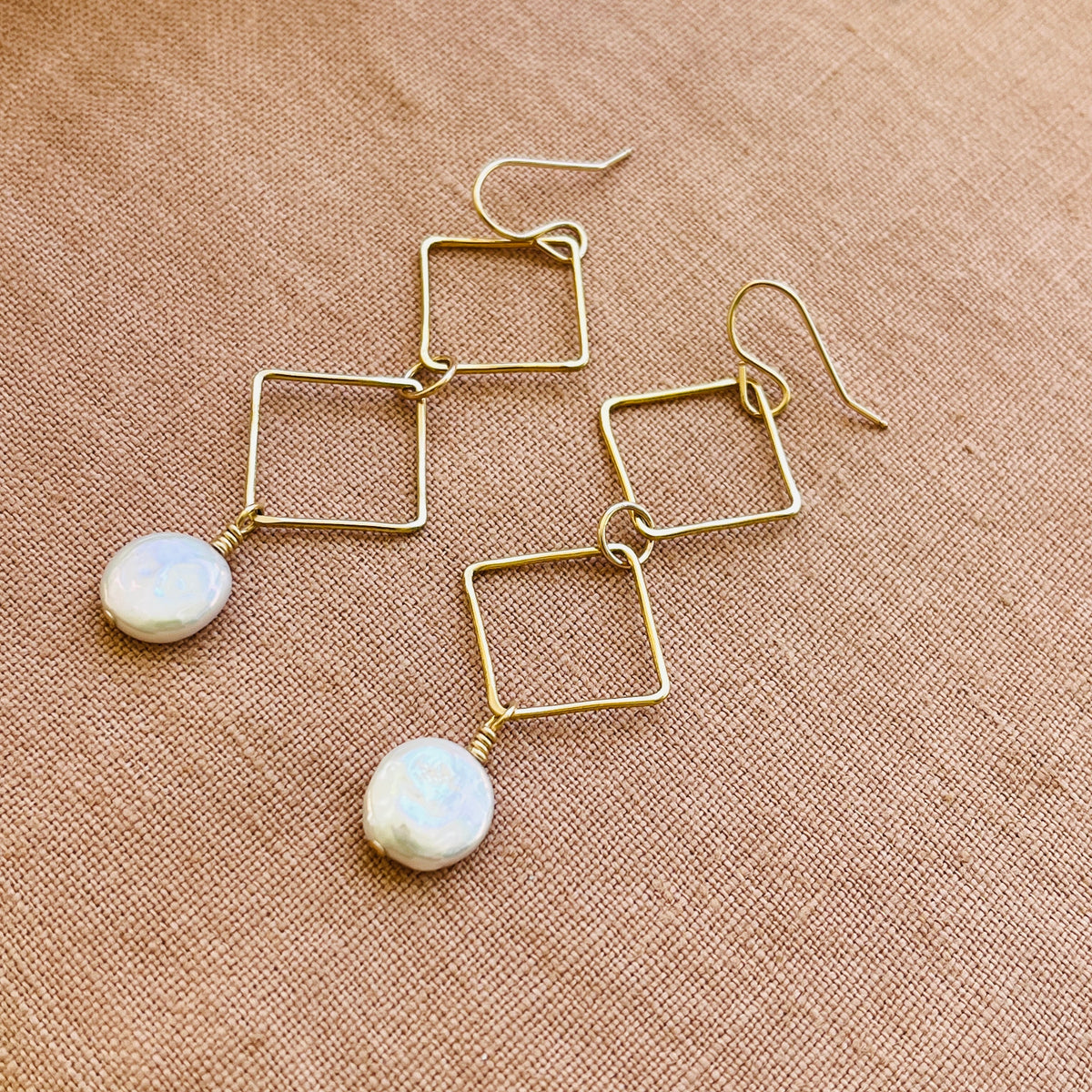 14k gold fill DOUBLE DIAMOND DANGLE PEARL EARRINGS