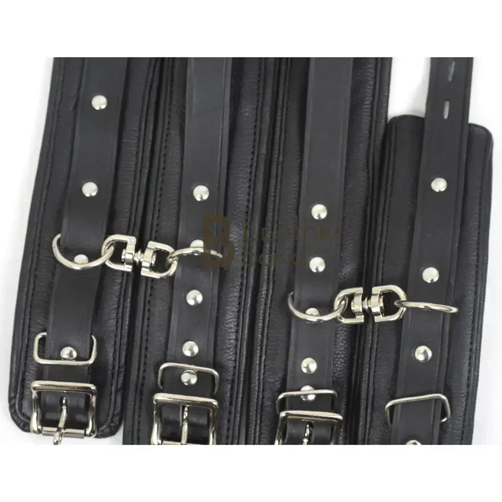 Real Leather 4-Piece Padded Thigh & Wrist Cuffs Lockable Restraint Bondage Set | Full Black