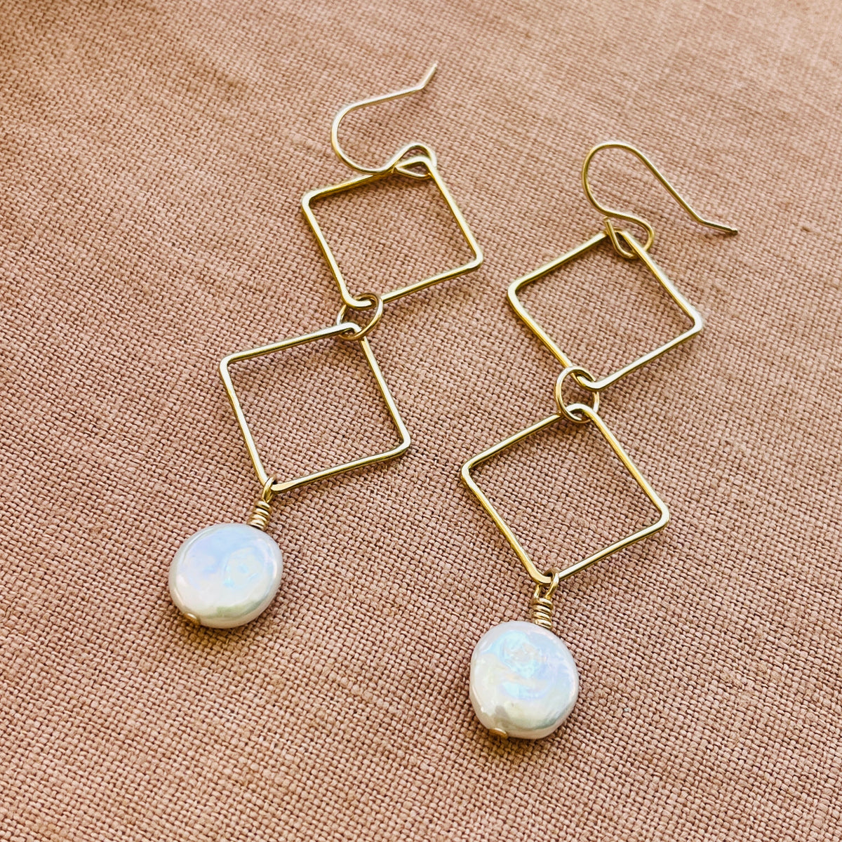 14k gold fill DOUBLE DIAMOND DANGLE PEARL EARRINGS