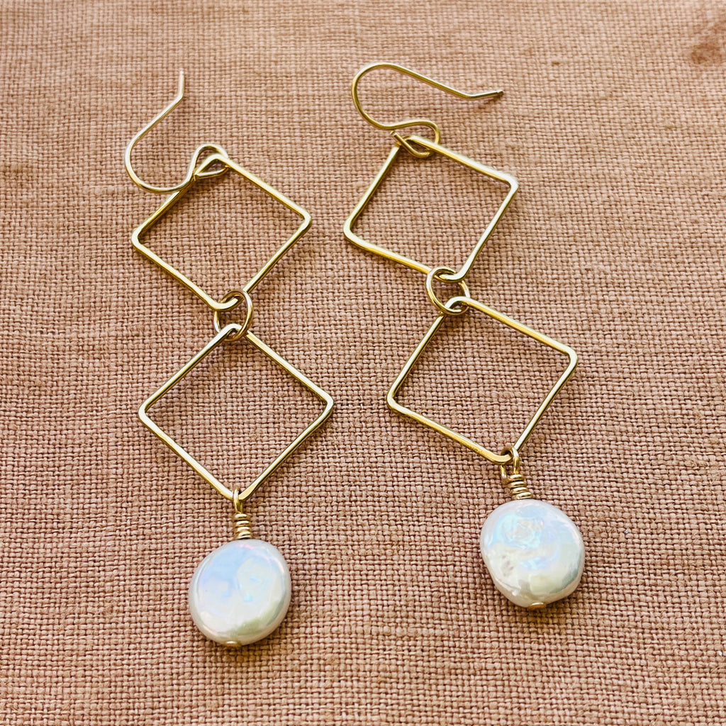 14k gold fill DOUBLE DIAMOND DANGLE PEARL EARRINGS