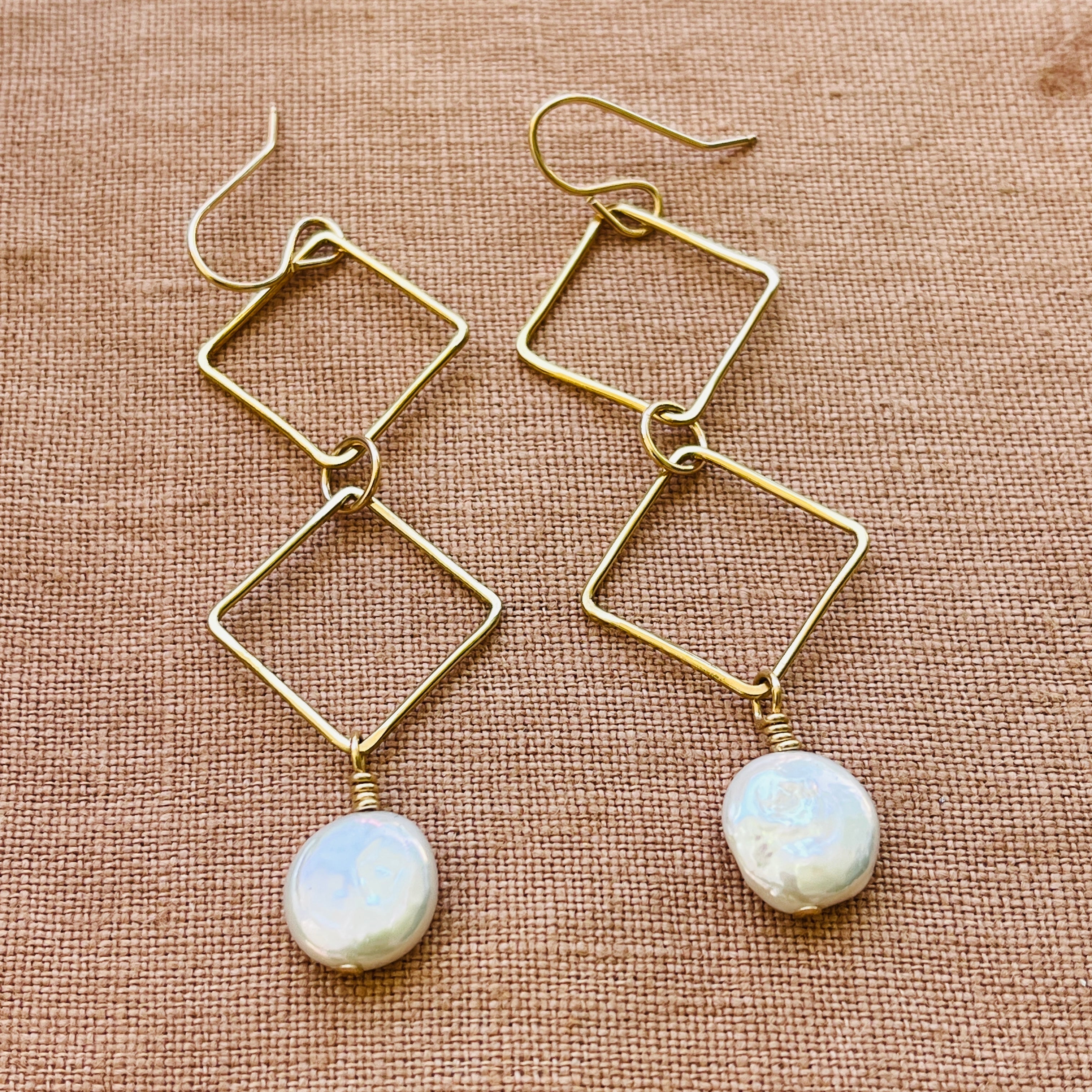 14k gold fill DOUBLE DIAMOND DANGLE PEARL EARRINGS