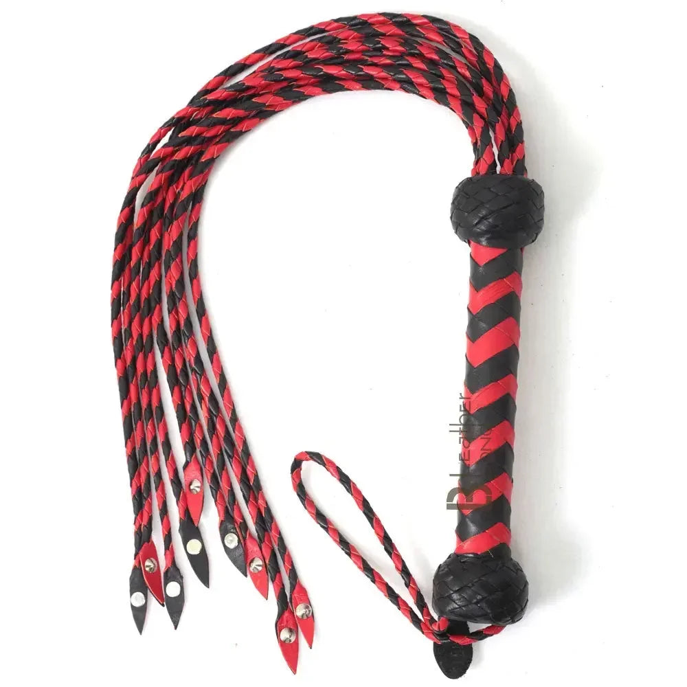 Real Genuine Cowhide Leather Flogger | Red and Black Cat O Nine Braided Falls | Heavy Steel Studs Leather Bond