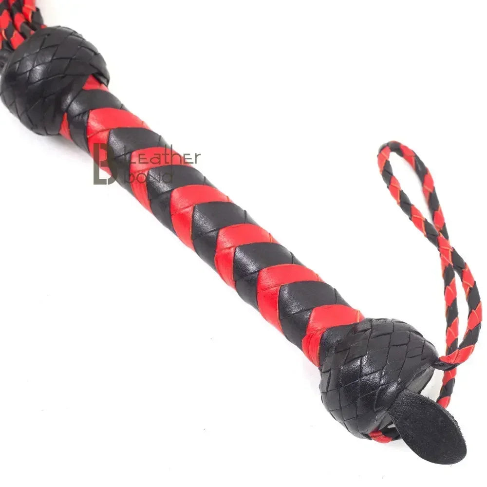 Real Genuine Cowhide Leather Flogger | Red and Black Cat O Nine Braided Falls | Heavy Steel Studs Leather Bond