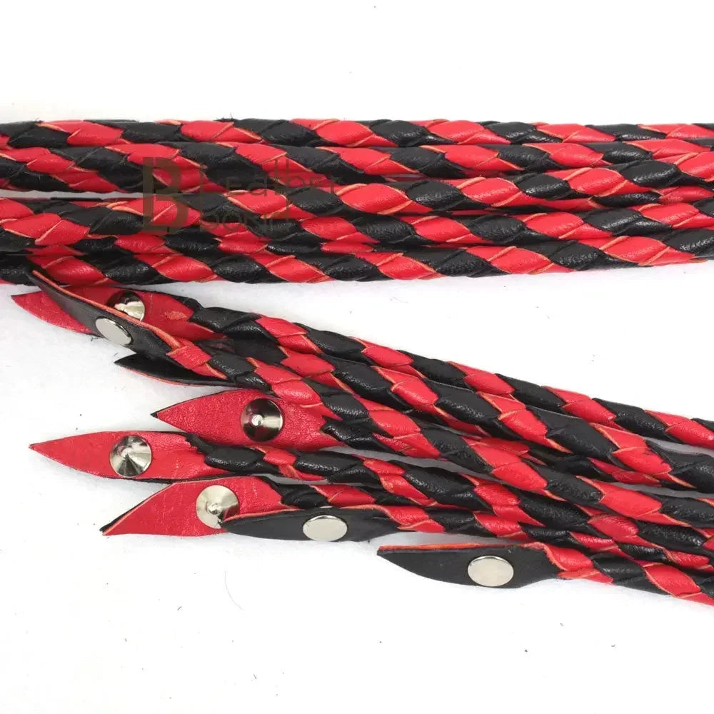 Real Genuine Cowhide Leather Flogger | Red and Black Cat O Nine Braided Falls | Heavy Steel Studs Leather Bond