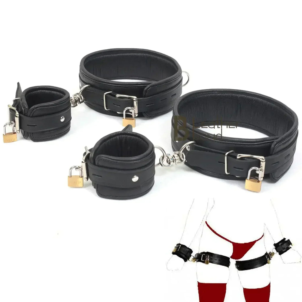 Real Leather 4-Piece Padded Thigh & Wrist Cuffs Lockable Restraint Bondage Set | Full Black