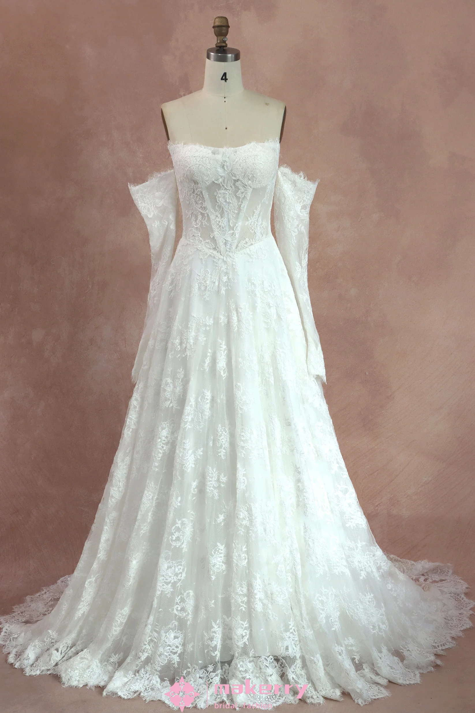 Romantic Vintage Lace Corset Wedding Dress with Off-Shoulder Sleeves