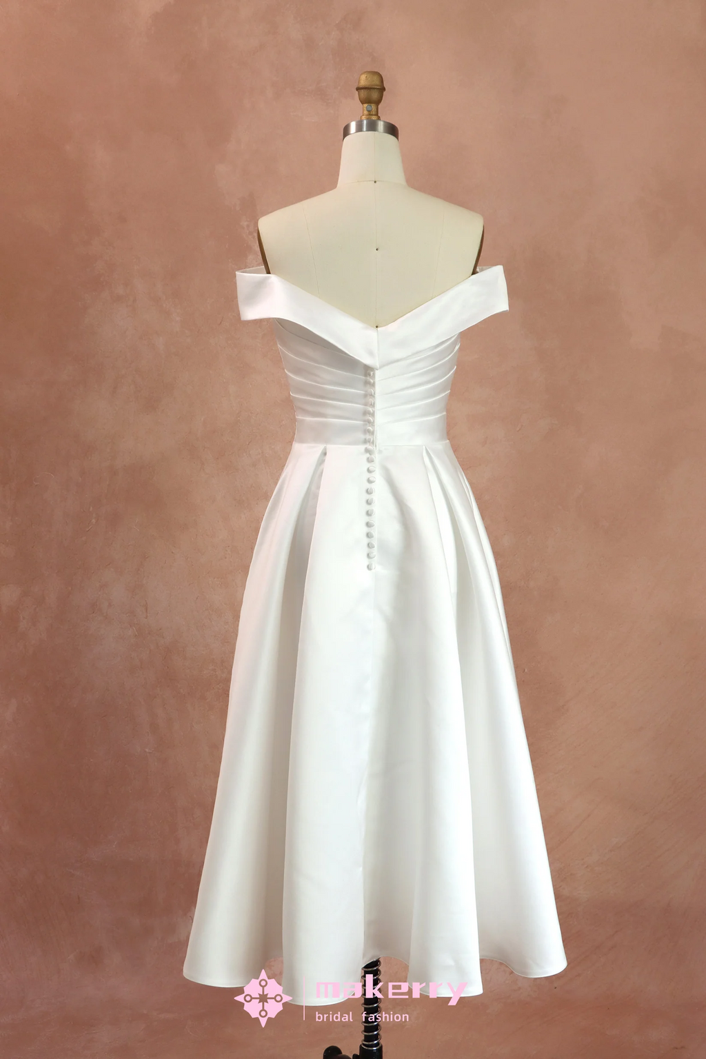 A-line Off-the-Shoulder Tea-length Satin Wedding Dress
