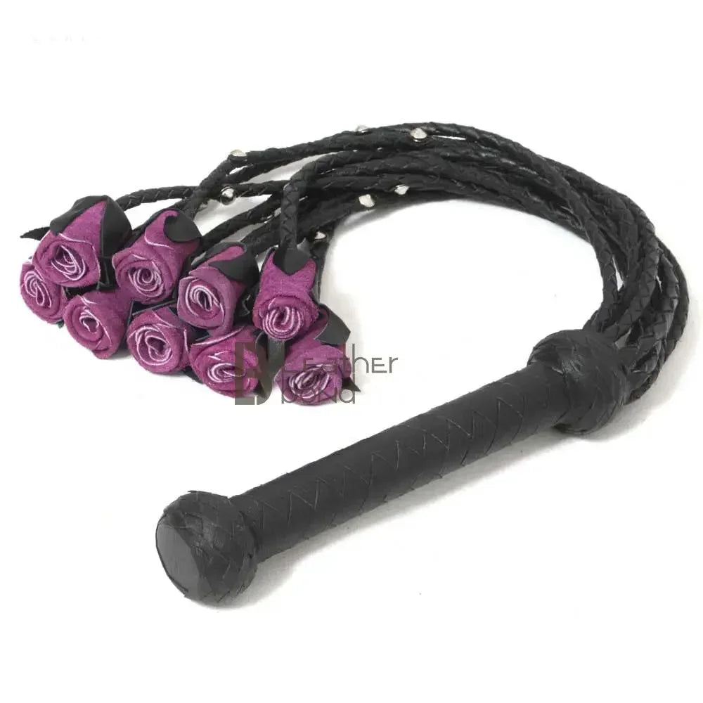 Real Cowhide Leather Cat-o-Nine Tails Flogger 9 Braided Purple Rose Falls with Steel Studs | BDSM Whip