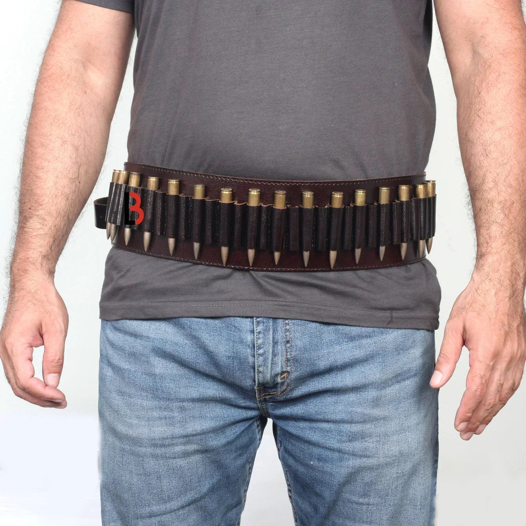 Cowhide Leather Rifle Cartridge Belt Bandolier Hunting Shell Holder & Ammo Carrier