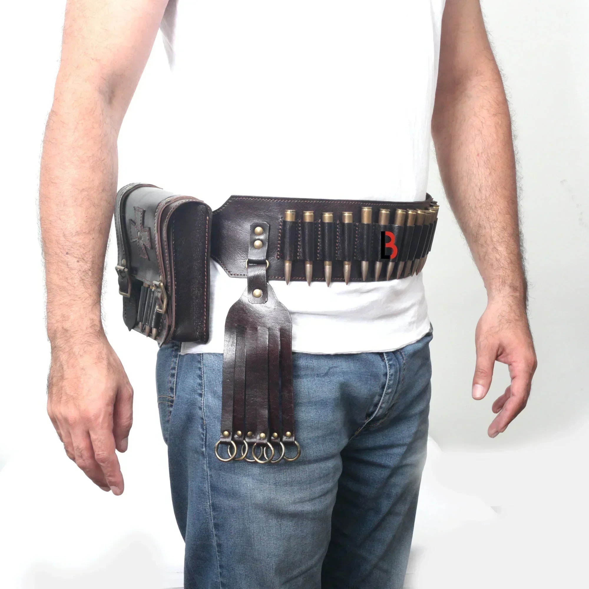 Cowhide Leather Bandolier Belt Bird Hanger & Hunting Pouch Set Rifle Cartridges