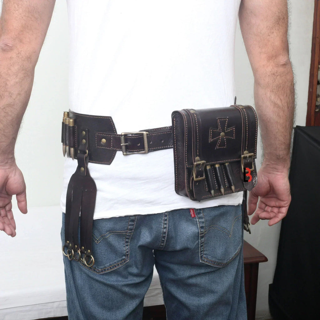 Cowhide Leather Bandolier Belt Bird Hanger & Hunting Pouch Set Rifle Cartridges