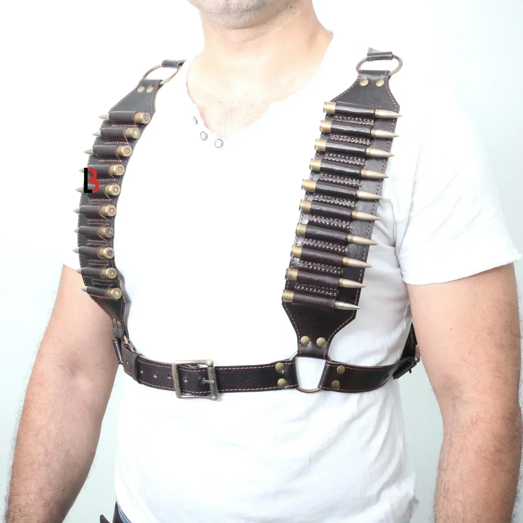 Cowhide Leather Rifle Cartridge Bandolier Belt & Chest Harness Hunting Ammo Carrier