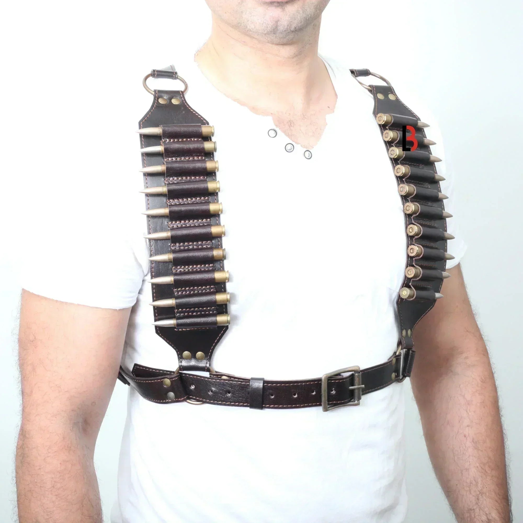 Cowhide Leather Rifle Cartridge Bandolier Belt & Chest Harness Hunting Ammo Carrier