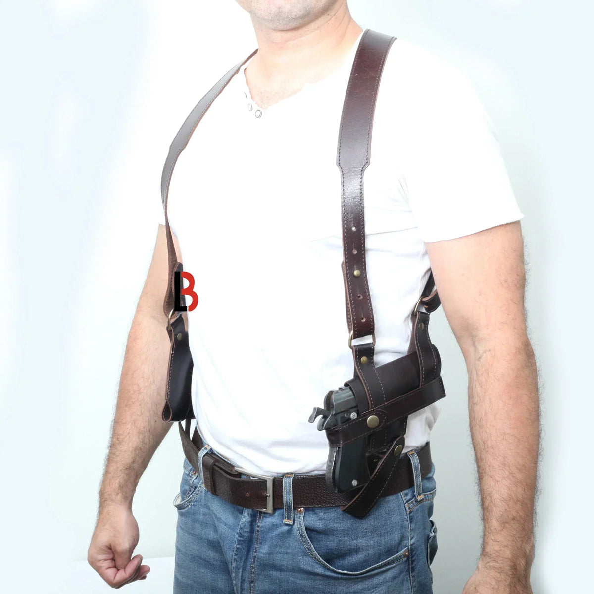 Handmade Universal Leather Shoulder Concealed Holster Horizontal Carry & Double Mag Pouch