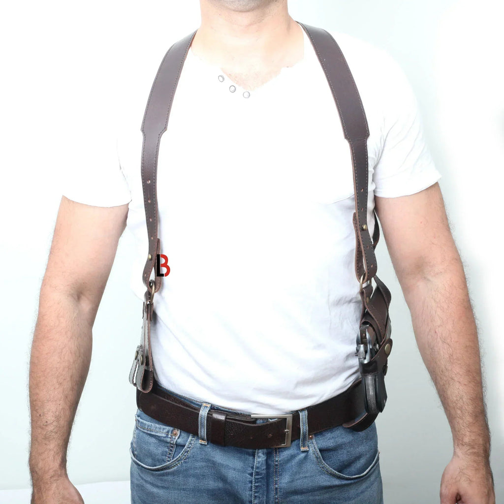 Handmade Universal Leather Shoulder Concealed Holster Horizontal Carry & Double Mag Pouch