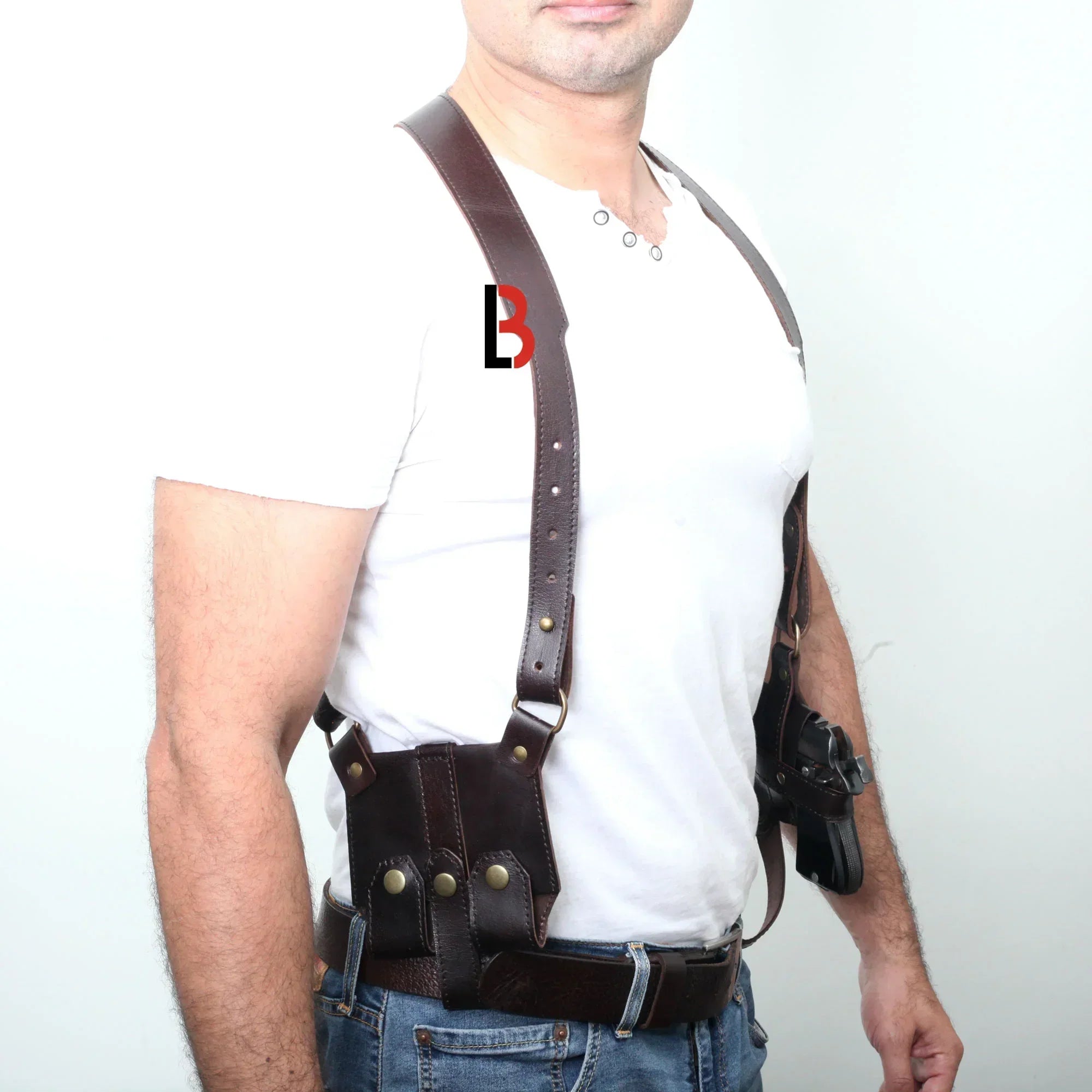 Handmade Universal Leather Shoulder Concealed Holster Horizontal Carry & Double Mag Pouch