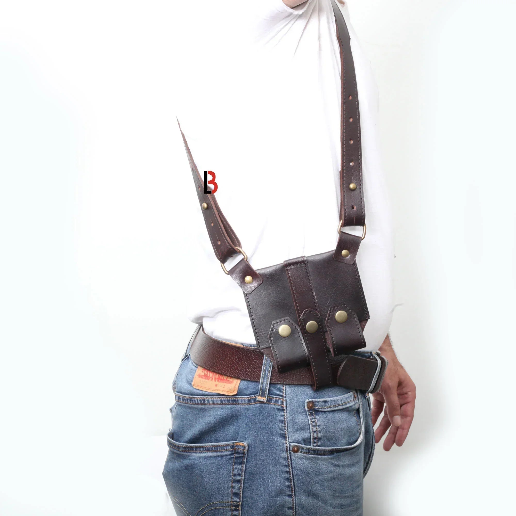 Handmade Universal Leather Shoulder Concealed Holster Horizontal Carry & Double Mag Pouch