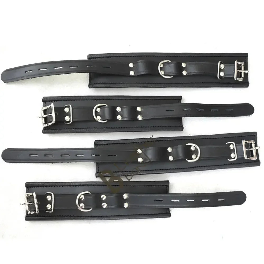 Real Leather 4-Piece Padded Wrist & Ankle Cuffs Lockable Restraint Bondage Set | Full Black