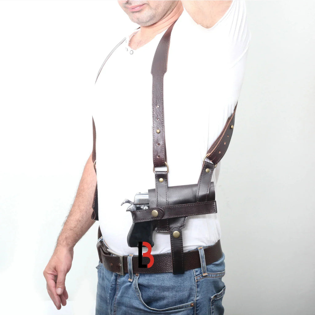 Handmade Universal Leather Shoulder Concealed Holster Horizontal Carry & Double Mag Pouch