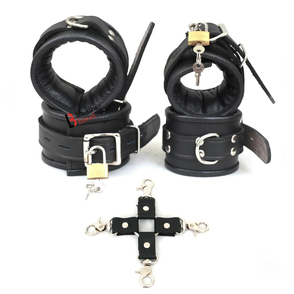 Real Leather 4-Piece Padded Wrist & Ankle Cuffs Lockable Restraint Bondage Set | Full Black
