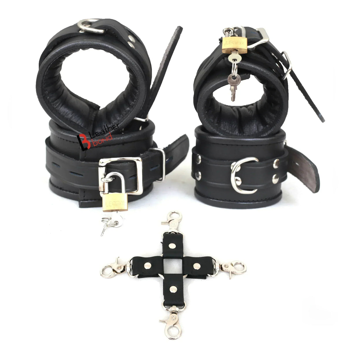 Real Leather 4-Piece Padded Wrist & Ankle Cuffs Lockable Restraint Bondage Set | Full Black