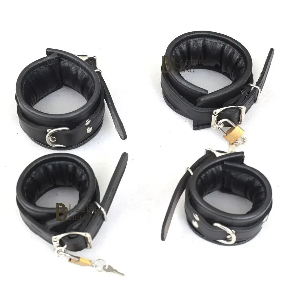 Real Leather 4-Piece Padded Wrist & Ankle Cuffs Lockable Restraint Bondage Set | Full Black