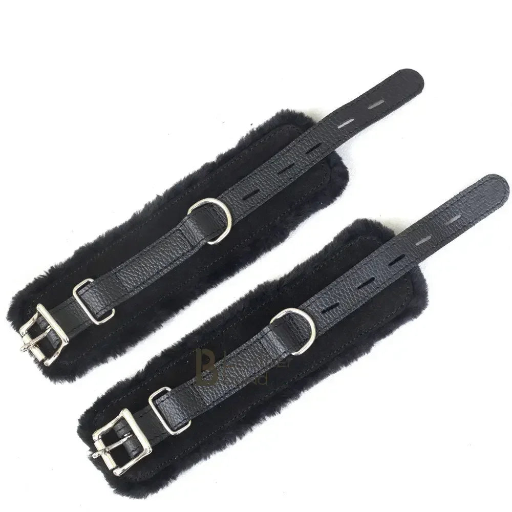 Real Cowhide Suede Leather 5-Piece Ankle Cuffs & Wrist Cuffs Fluffy Fur-Lined Restraint Bondage Set | Black