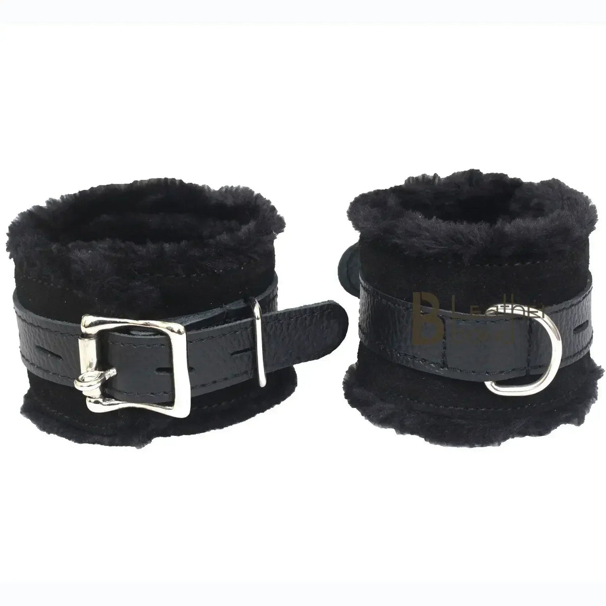 Real Cowhide Suede Leather 5-Piece Ankle Cuffs & Wrist Cuffs Fluffy Fur-Lined Restraint Bondage Set | Black