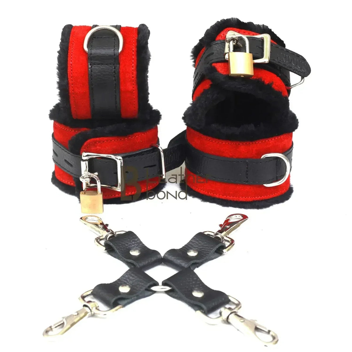 Real Cowhide Suede Leather 5-Piece Ankle Cuffs & Wrist Cuffs Fluffy Fur-Lined Restraint Bondage Set | Red & Black