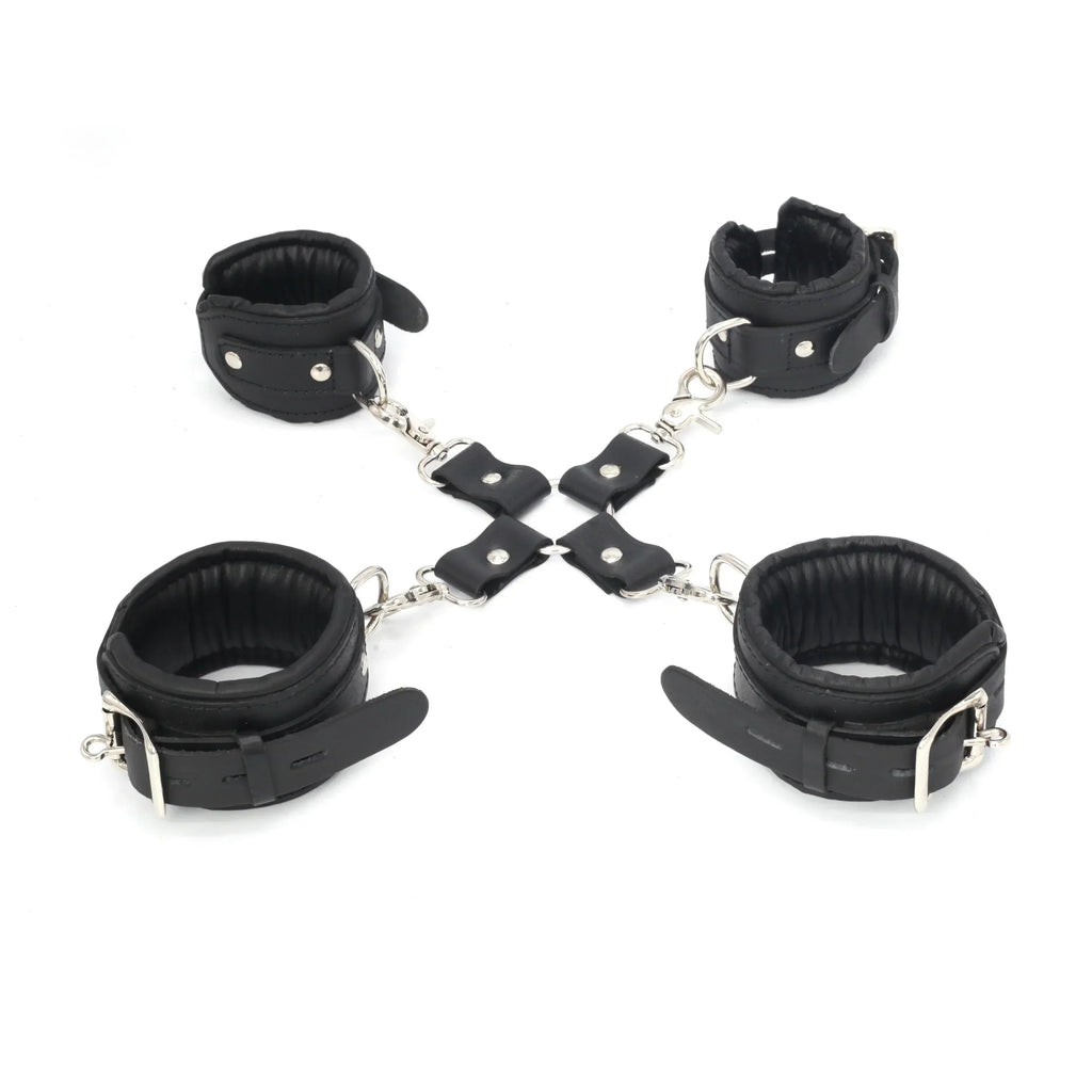 Real Leather 4-Piece Padded Wrist & Ankle Cuffs Lockable Restraint Bondage Set | Full Black