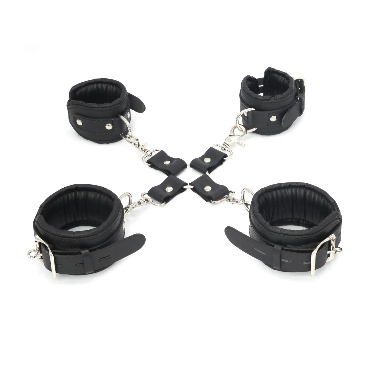 Real Leather 4-Piece Padded Wrist & Ankle Cuffs Lockable Restraint Bondage Set | Full Black