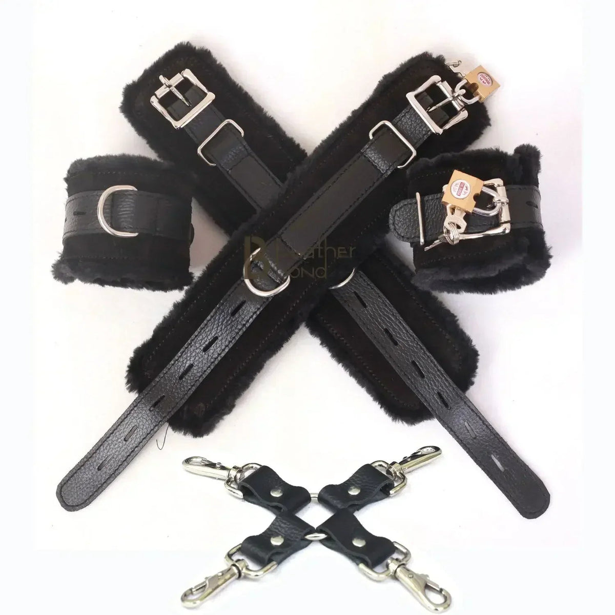 Real Cowhide Suede Leather 5-Piece Ankle Cuffs & Wrist Cuffs Fluffy Fur-Lined Restraint Bondage Set | Black