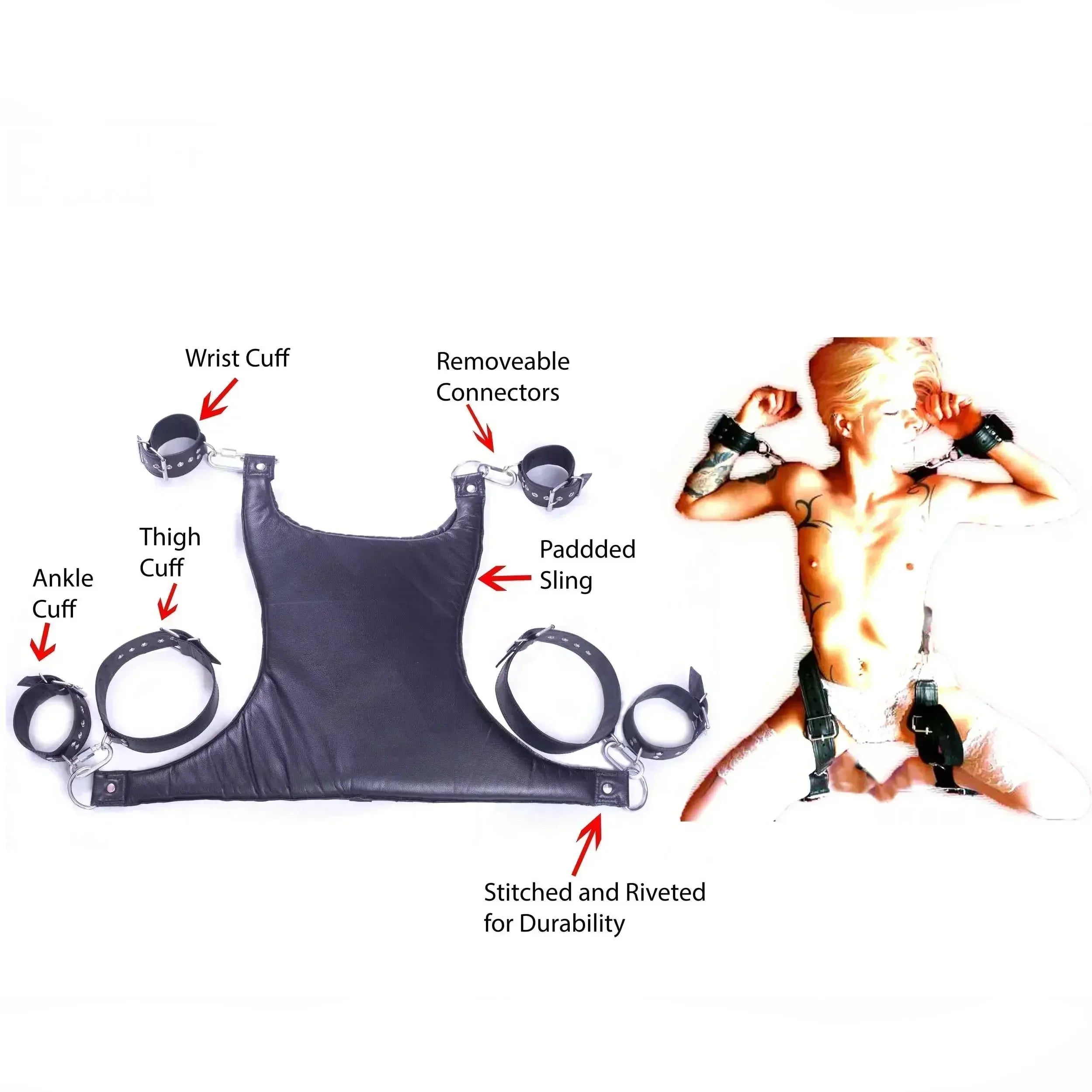Cowhide Leather Sex Posture Sling Wrist, Ankle & Thigh Cuffs with Connectors | Bondage Restraints Set