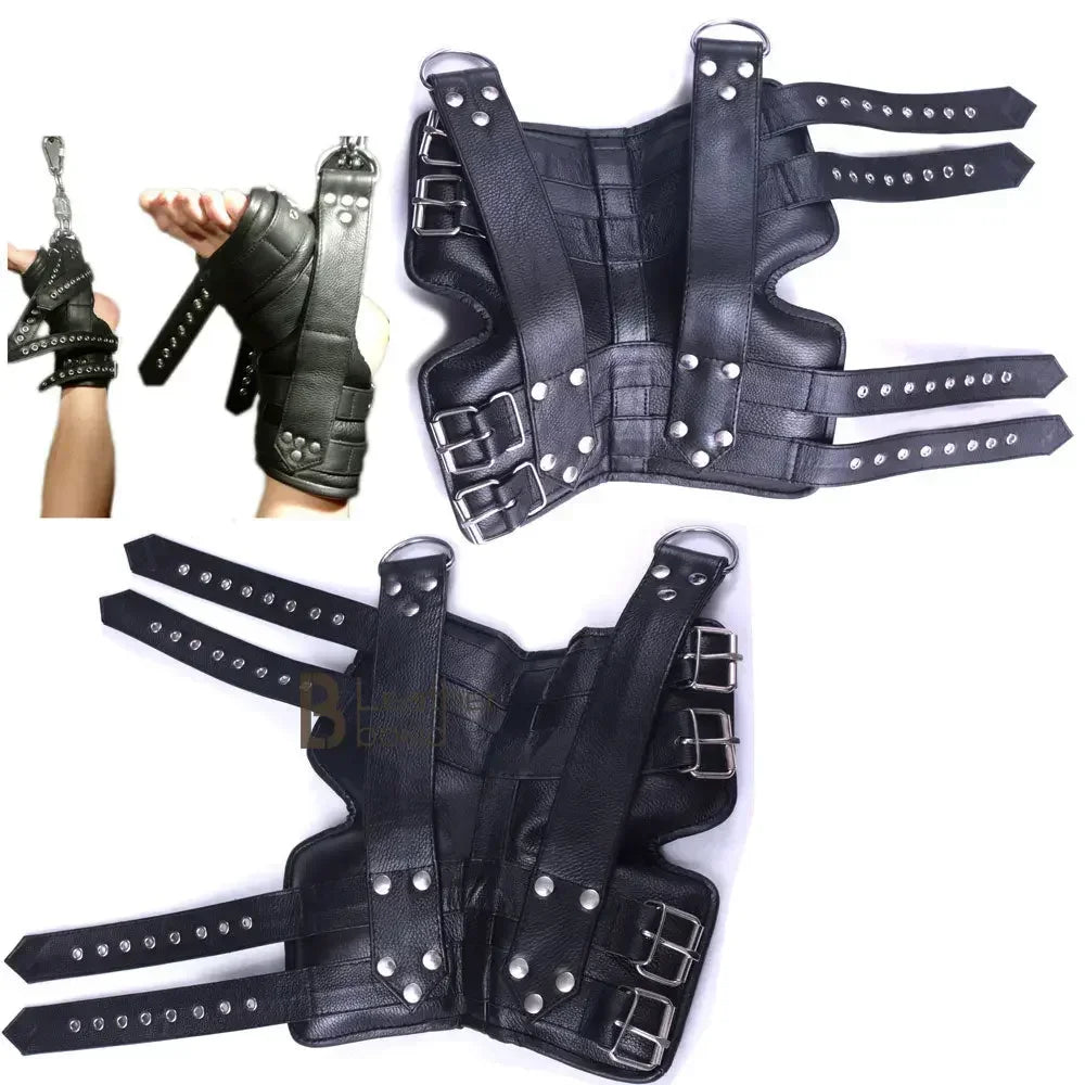 Real Strong Leather Ankle Boot Cuffs Belts 2-Piece Suspension Restraint Bondage Set | Black