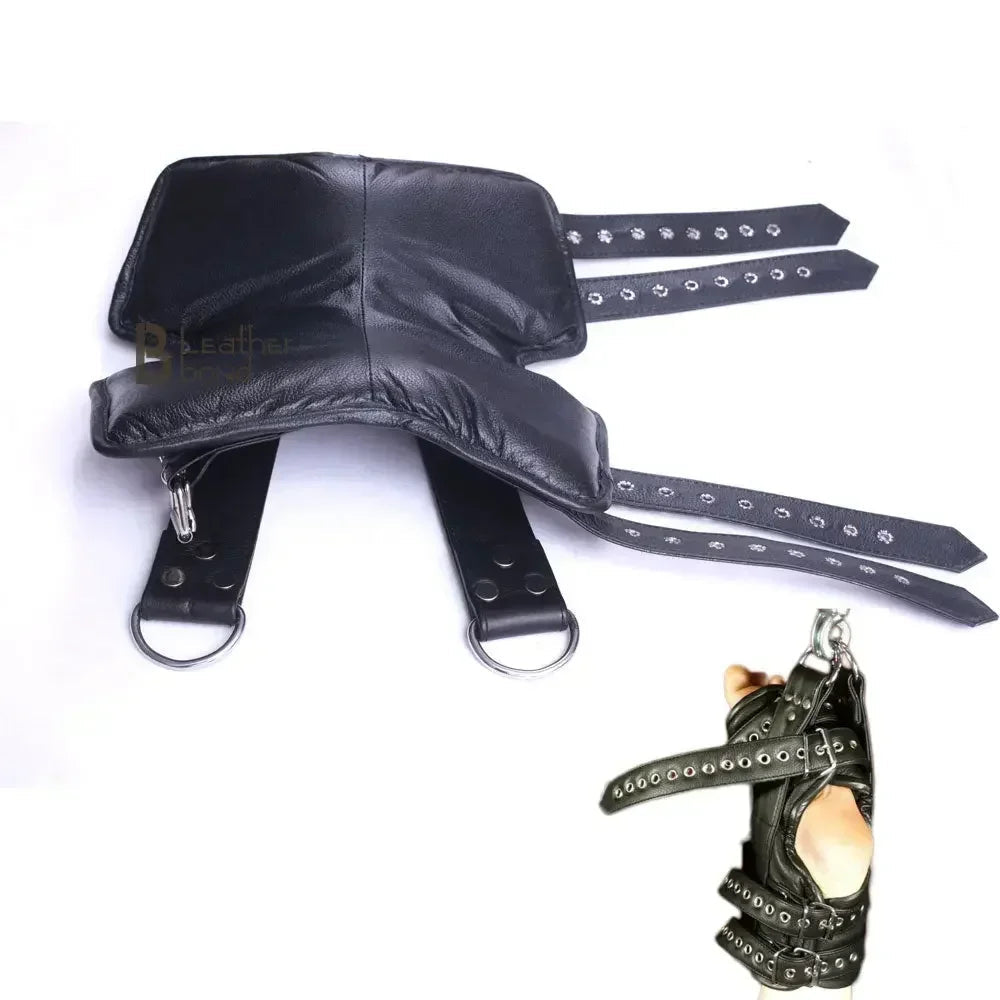 Real Strong Leather Ankle Boot Cuffs Belts 2-Piece Suspension Restraint Bondage Set | Black