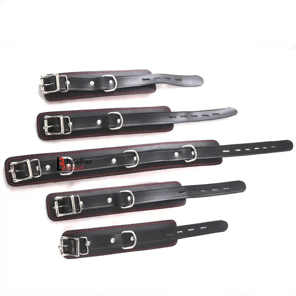 7-Piece Luxury Bondage Kit Soft Padded Genuine Leather Collar, Wrist & Ankle Cuffs Set | Red & Black