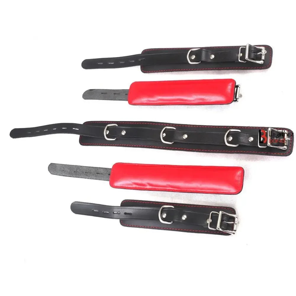 9-Piece Budget Bondage Kit Soft Padded Genuine Leather Collar, Thigh, Wrist & Ankle Cuffs | Black & Red