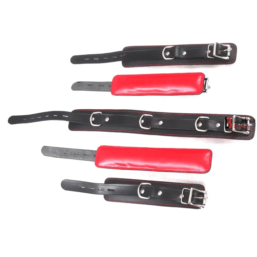 7-Piece Luxury Bondage Kit Soft Padded Genuine Leather Collar, Wrist & Ankle Cuffs Set | Red & Black