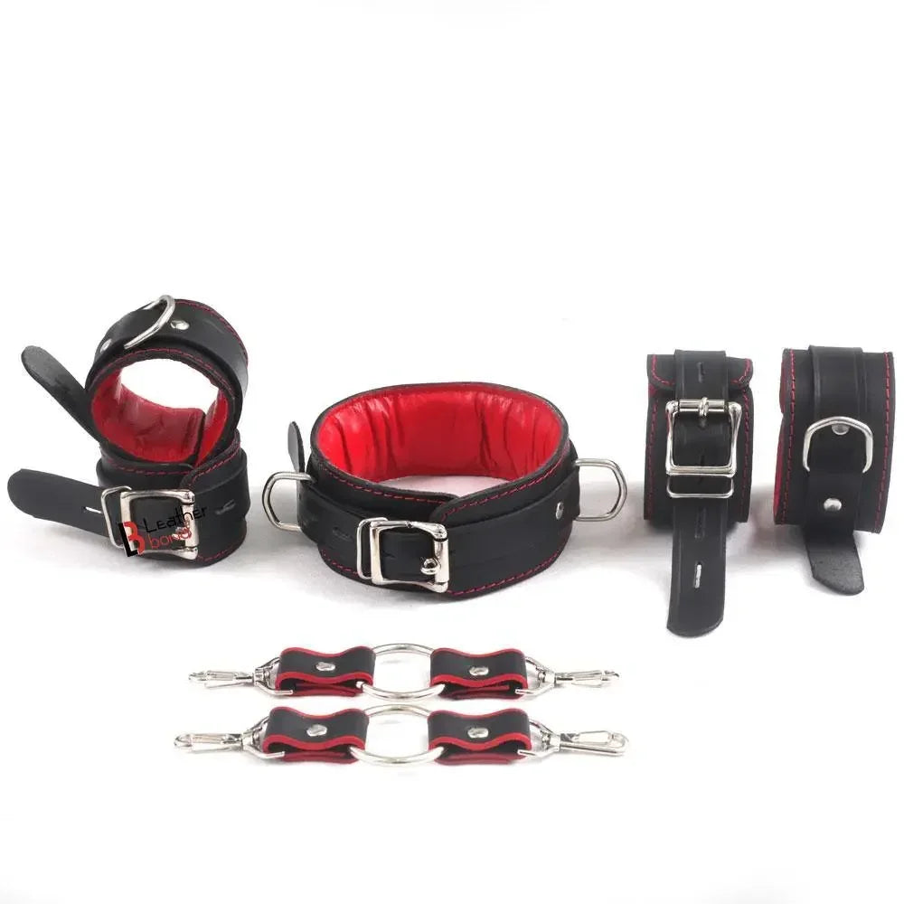 7-Piece Luxury Bondage Kit Soft Padded Genuine Leather Collar, Wrist & Ankle Cuffs Set | Red & Black