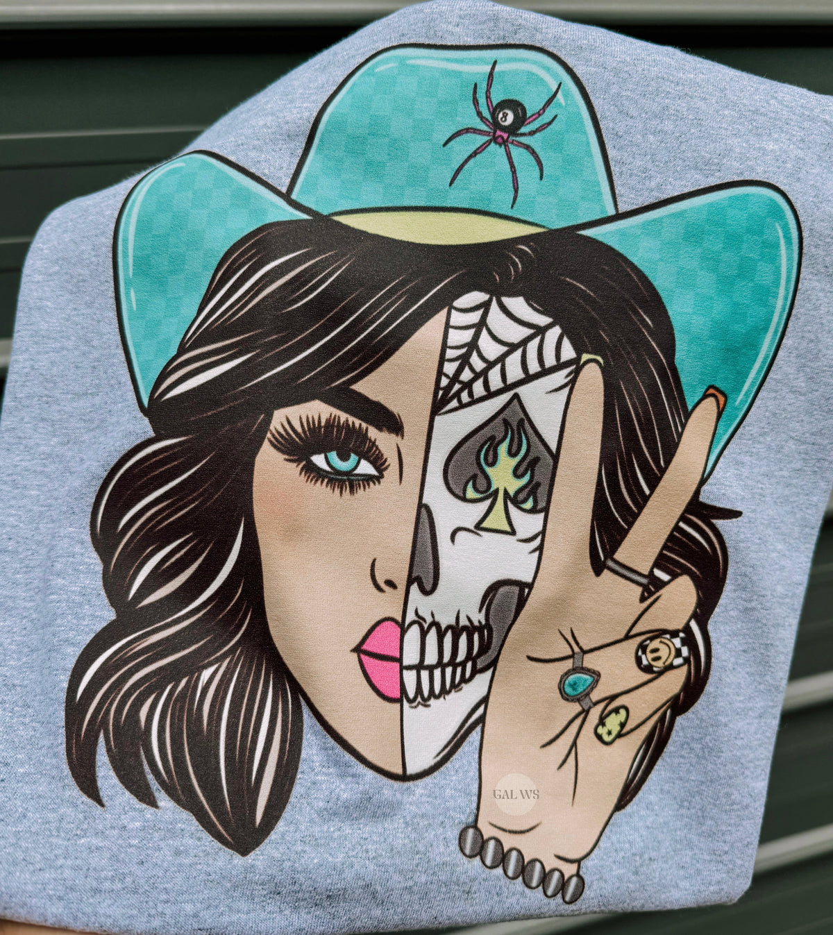 Turquoise cowgirl skull peace sign tee or sweatshirt