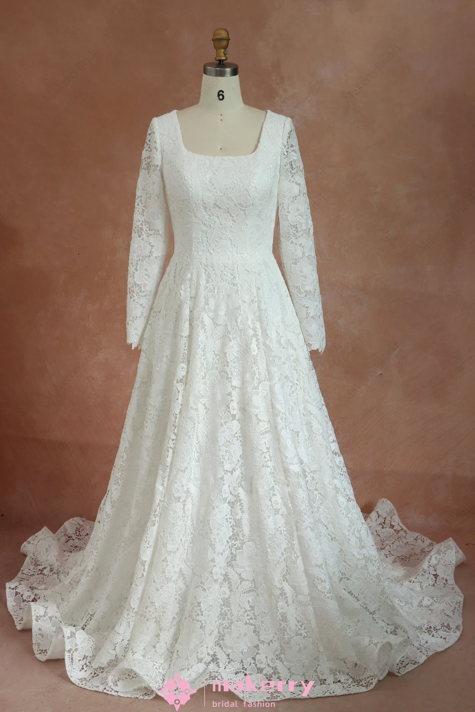 Long Sleeves Square Neck Modest Lace Bridal Gown
