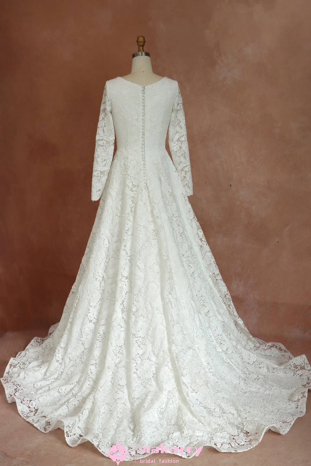 Long Sleeves Square Neck Modest Lace Bridal Gown