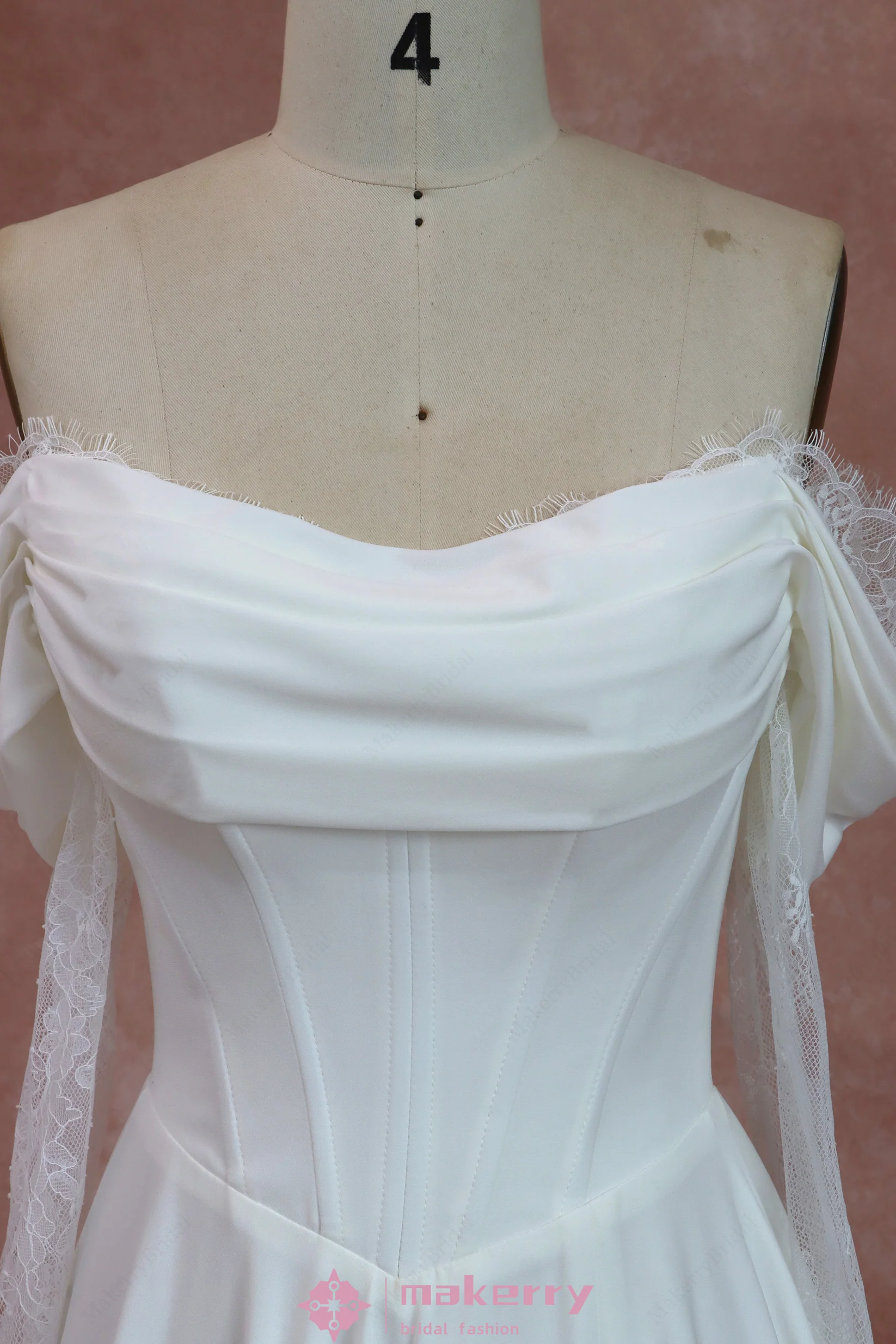Off Shoulder Lace-up Crepe Wedding Dresses With Long Sleeves